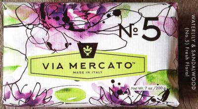 Via Mercato Soap No.5 Waterlily, Sandalwood 200 gram Bath Bar Wrapped